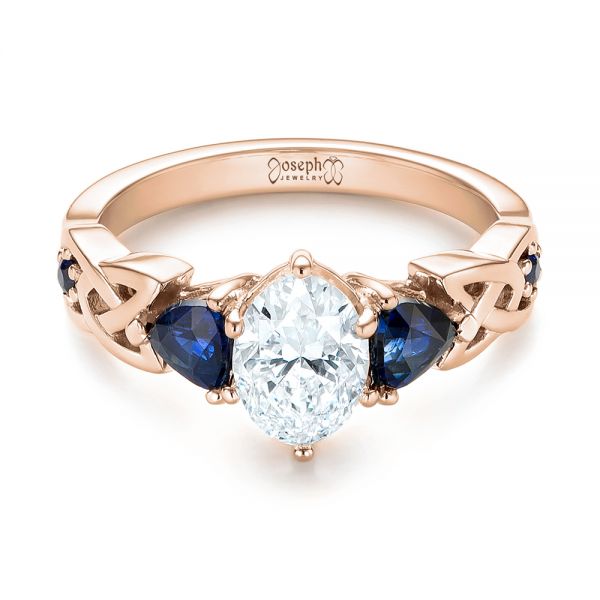 18k Rose Gold 18k Rose Gold Custom Three Stone Blue Sapphire And Diamond Engagement Ring - Flat View - 103439