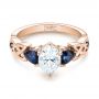 18k Rose Gold 18k Rose Gold Custom Three Stone Blue Sapphire And Diamond Engagement Ring - Flat View -  103439 - Thumbnail