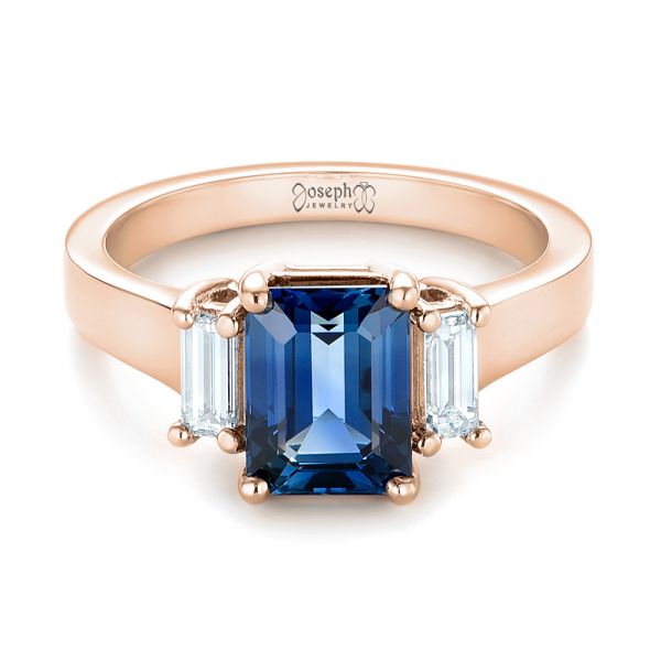 14k Rose Gold 14k Rose Gold Custom Three Stone Blue Sapphire And Diamond Engagement Ring - Flat View -  103468
