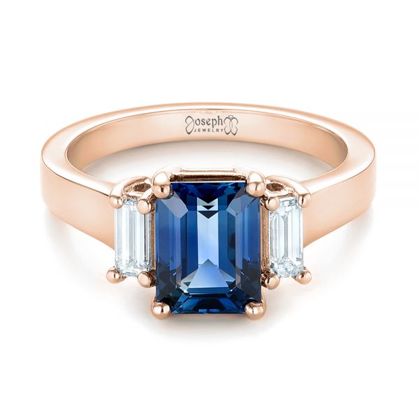 14k Rose Gold 14k Rose Gold Custom Three Stone Blue Sapphire And Diamond Engagement Ring - Flat View - 103468