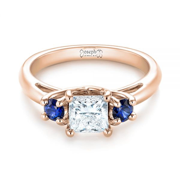 18k Rose Gold 18k Rose Gold Custom Three Stone Blue Sapphire And Diamond Engagement Ring - Flat View -  103484