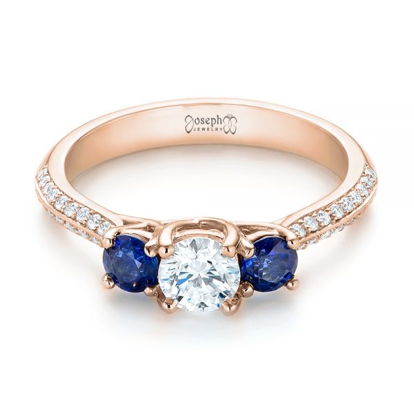 14k Rose Gold 14k Rose Gold Custom Three Stone Blue Sapphire And Diamond Engagement Ring - Flat View - 103490