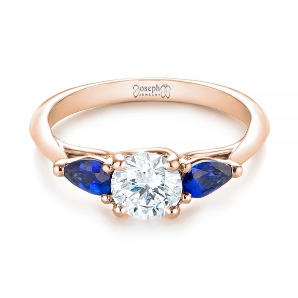 14k Rose Gold 14k Rose Gold Custom Three Stone Blue Sapphire And Diamond Engagement Ring - Flat View -  103507