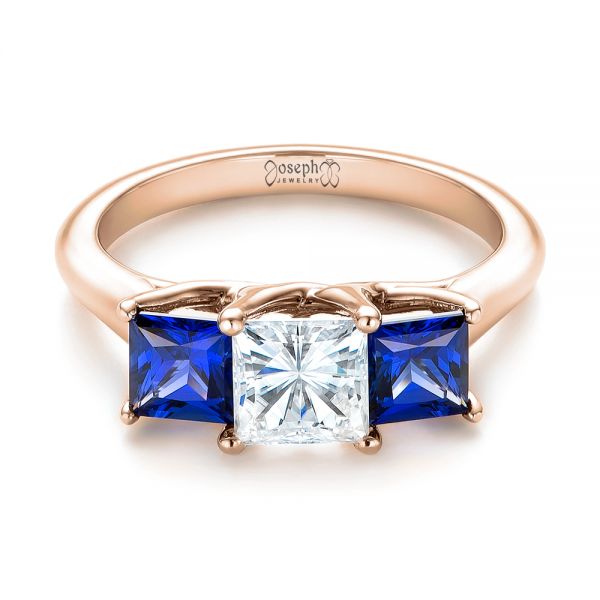 14k Rose Gold 14k Rose Gold Custom Three Stone Blue Sapphire And Diamond Engagement Ring - Flat View -  103529