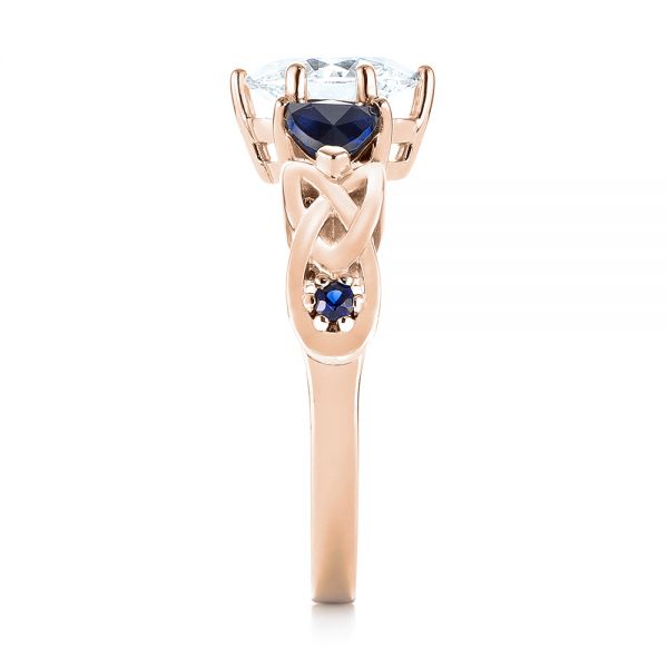 14k Rose Gold 14k Rose Gold Custom Three Stone Blue Sapphire And Diamond Engagement Ring - Side View -  103439