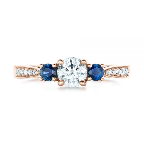 14k Rose Gold 14k Rose Gold Custom Three Stone Blue Sapphire And Diamond Engagement Ring - Top View - 102250