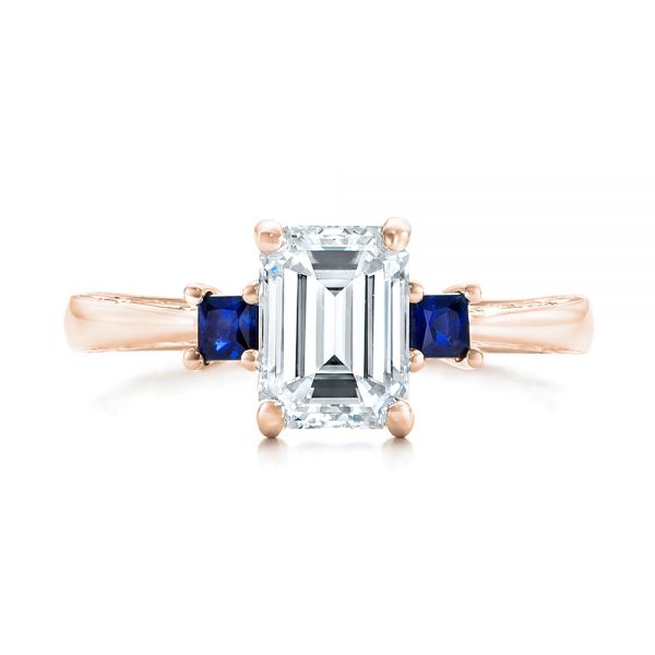 18k Rose Gold 18k Rose Gold Custom Three Stone Blue Sapphire And Diamond Engagement Ring - Top View -  102348