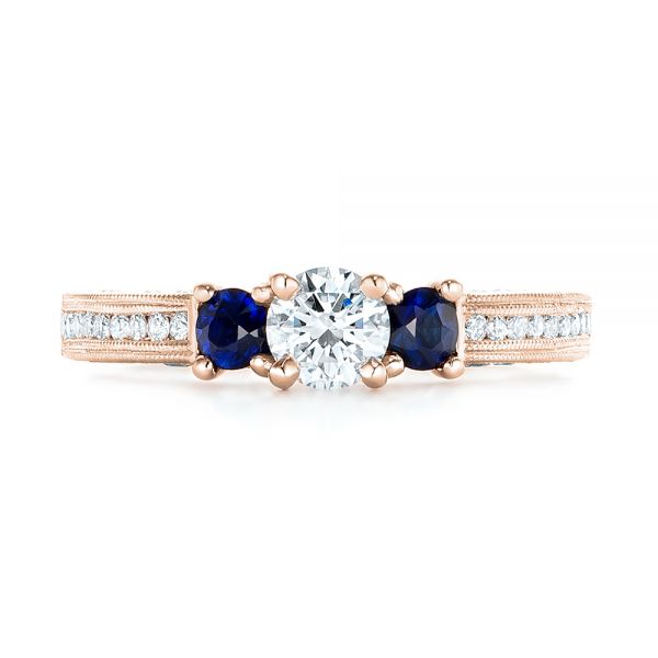 14k Rose Gold 14k Rose Gold Custom Three Stone Blue Sapphire And Diamond Engagement Ring - Top View -  102926