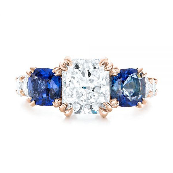 14k Rose Gold 14k Rose Gold Custom Three Stone Blue Sapphire And Diamond Engagement Ring - Top View -  102972