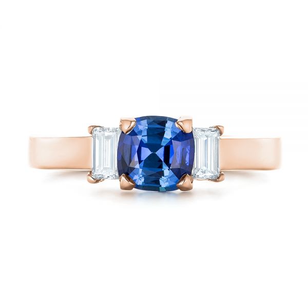 14k Rose Gold 14k Rose Gold Custom Three Stone Blue Sapphire And Diamond Engagement Ring - Top View -  102985