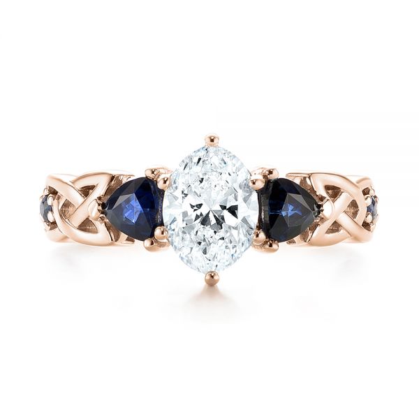 18k Rose Gold 18k Rose Gold Custom Three Stone Blue Sapphire And Diamond Engagement Ring - Top View -  103439