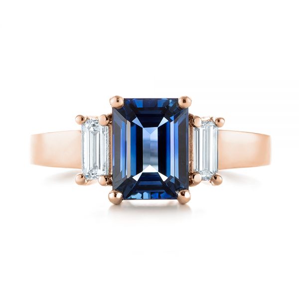 18k Rose Gold 18k Rose Gold Custom Three Stone Blue Sapphire And Diamond Engagement Ring - Top View -  103468