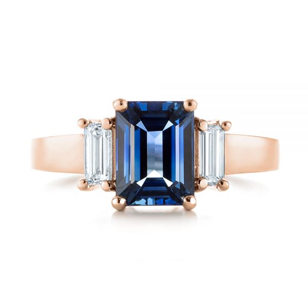 14k Rose Gold 14k Rose Gold Custom Three Stone Blue Sapphire And Diamond Engagement Ring - Top View - 103468