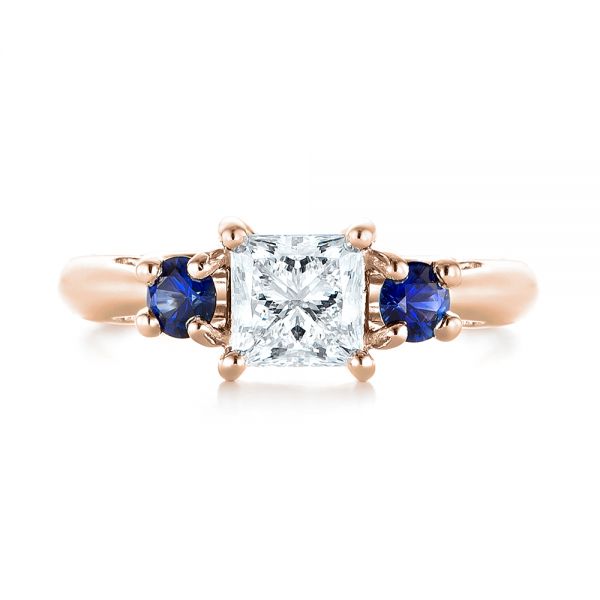 18k Rose Gold 18k Rose Gold Custom Three Stone Blue Sapphire And Diamond Engagement Ring - Top View - 103484