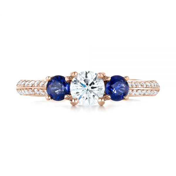 14k Rose Gold 14k Rose Gold Custom Three Stone Blue Sapphire And Diamond Engagement Ring - Top View - 103490