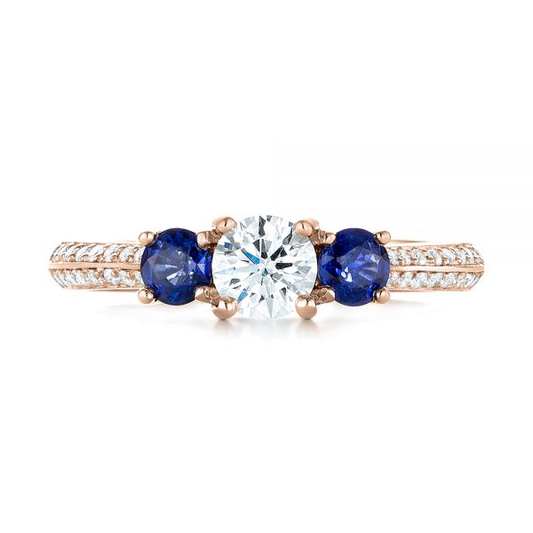 18k Rose Gold 18k Rose Gold Custom Three Stone Blue Sapphire And Diamond Engagement Ring - Top View -  103490