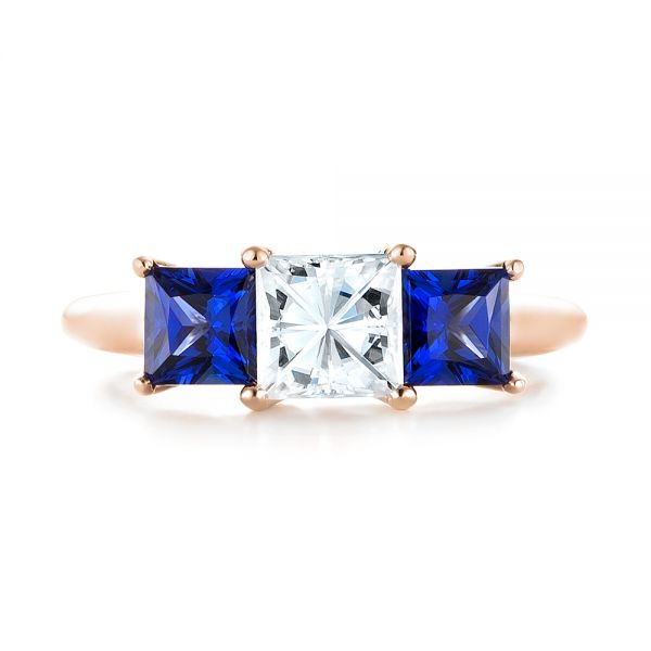 18k Rose Gold 18k Rose Gold Custom Three Stone Blue Sapphire And Diamond Engagement Ring - Top View - 103529