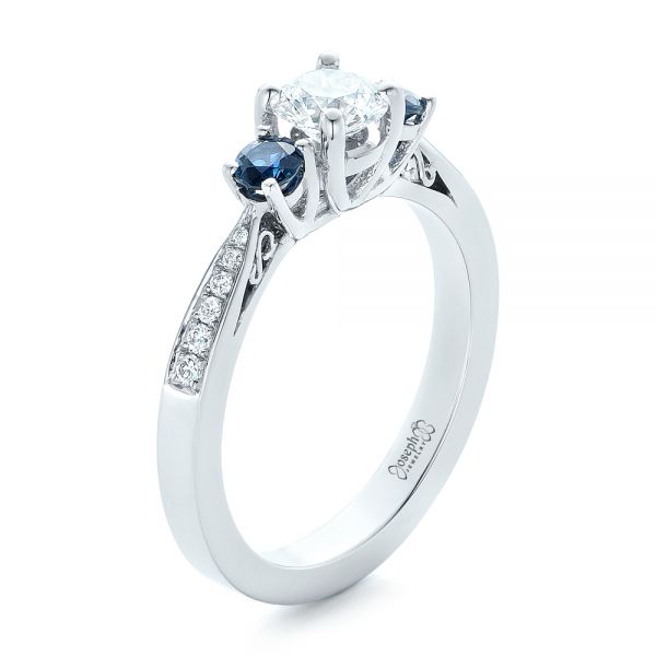 14k White Gold Custom Three Stone Blue Sapphire And Diamond Engagement Ring - Three-Quarter View -  102250