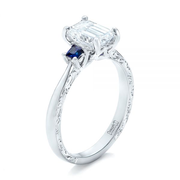  Platinum Platinum Custom Three Stone Blue Sapphire And Diamond Engagement Ring - Three-Quarter View -  102348