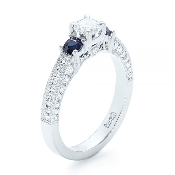 14k White Gold 14k White Gold Custom Three Stone Blue Sapphire And Diamond Engagement Ring - Three-Quarter View -  102926