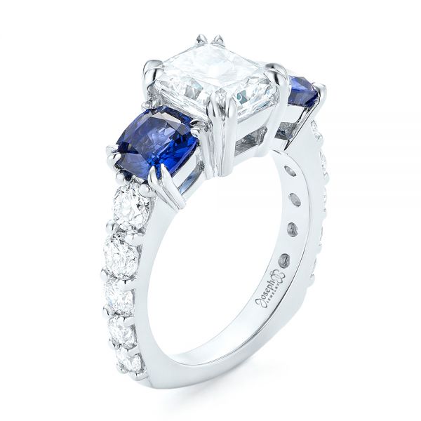 18k White Gold 18k White Gold Custom Three Stone Blue Sapphire And Diamond Engagement Ring - Three-Quarter View -  102972