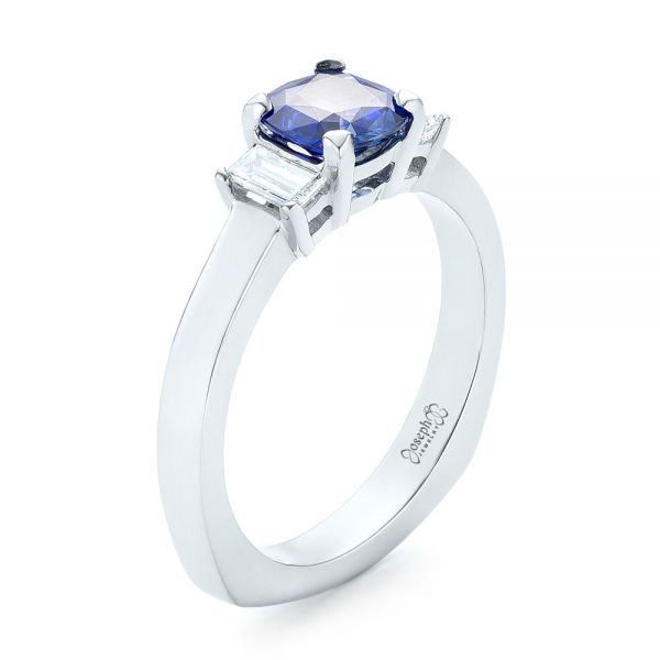 14k White Gold 14k White Gold Custom Three Stone Blue Sapphire And Diamond Engagement Ring - Three-Quarter View -  102985