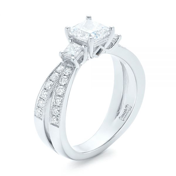  Platinum Custom Three Stone Diamond Engagement Ring With Blue Sapphires - Three-Quarter View -  102992