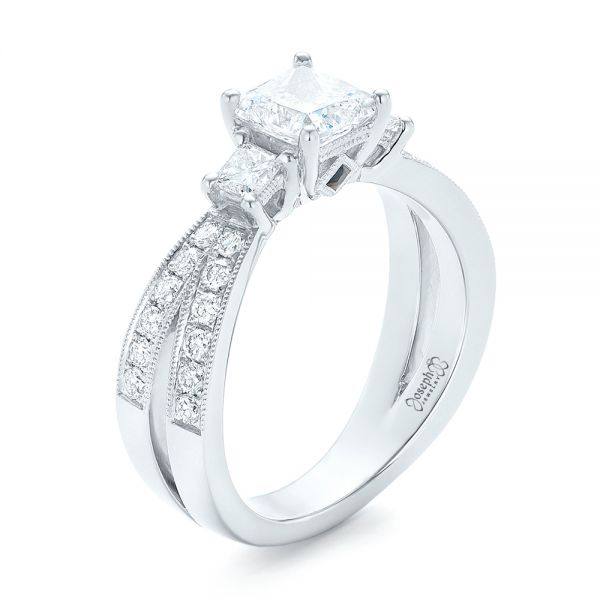 14k White Gold 14k White Gold Custom Three Stone Diamond Engagement Ring With Blue Sapphires - Three-Quarter View - 102992