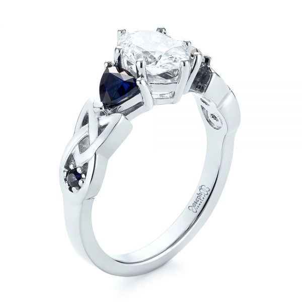  Platinum Custom Three Stone Blue Sapphire And Diamond Engagement Ring - Three-Quarter View -  103439