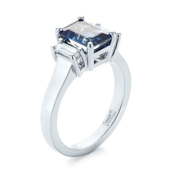  Platinum Custom Three Stone Blue Sapphire And Diamond Engagement Ring - Three-Quarter View -  103468