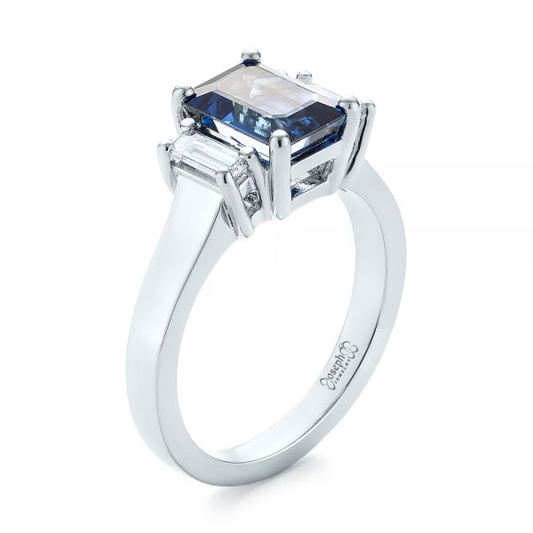 14k White Gold 14k White Gold Custom Three Stone Blue Sapphire And Diamond Engagement Ring - Three-Quarter View -  103468