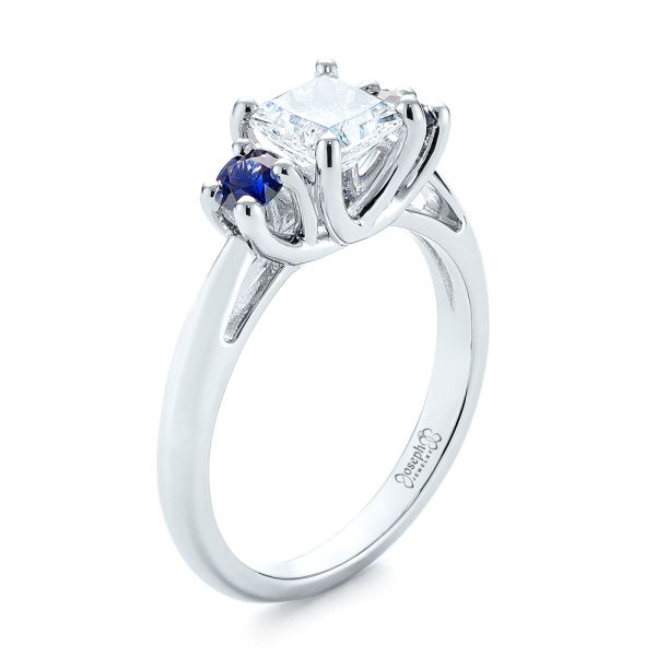 18k White Gold 18k White Gold Custom Three Stone Blue Sapphire And Diamond Engagement Ring - Three-Quarter View -  103484