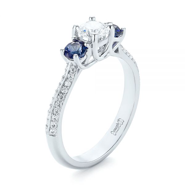 Custom Three Stone Blue Sapphire and Diamond Engagement Ring - Image