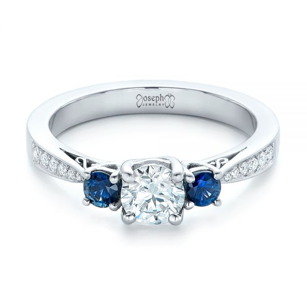 14k White Gold Custom Three Stone Blue Sapphire And Diamond Engagement Ring - Flat View -  102250
