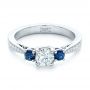 14k White Gold Custom Three Stone Blue Sapphire And Diamond Engagement Ring - Flat View -  102250 - Thumbnail