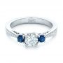 14k White Gold Custom Three Stone Blue Sapphire And Diamond Engagement Ring - Flat View -  102250 - Thumbnail