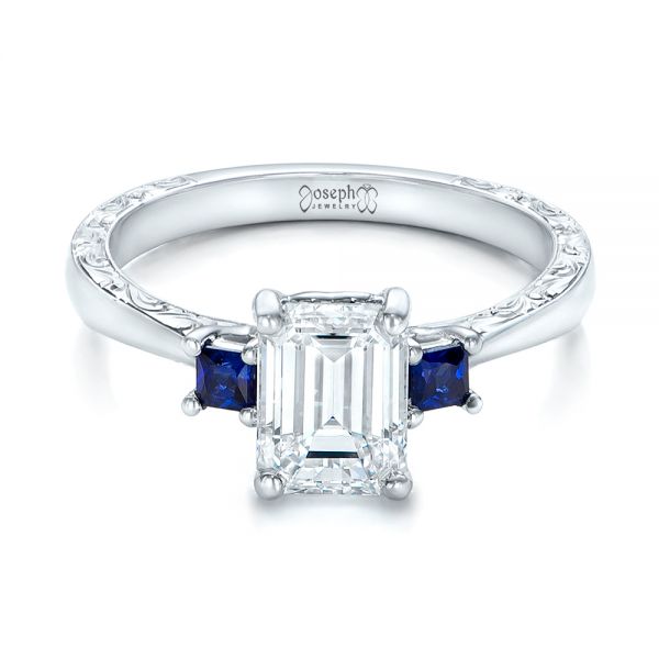  Platinum Platinum Custom Three Stone Blue Sapphire And Diamond Engagement Ring - Flat View -  102348