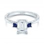 18k White Gold Custom Three Stone Blue Sapphire And Diamond Engagement Ring - Flat View -  102348 - Thumbnail