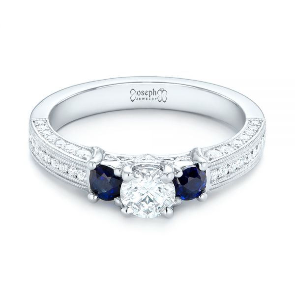 18k White Gold 18k White Gold Custom Three Stone Blue Sapphire And Diamond Engagement Ring - Flat View -  102926
