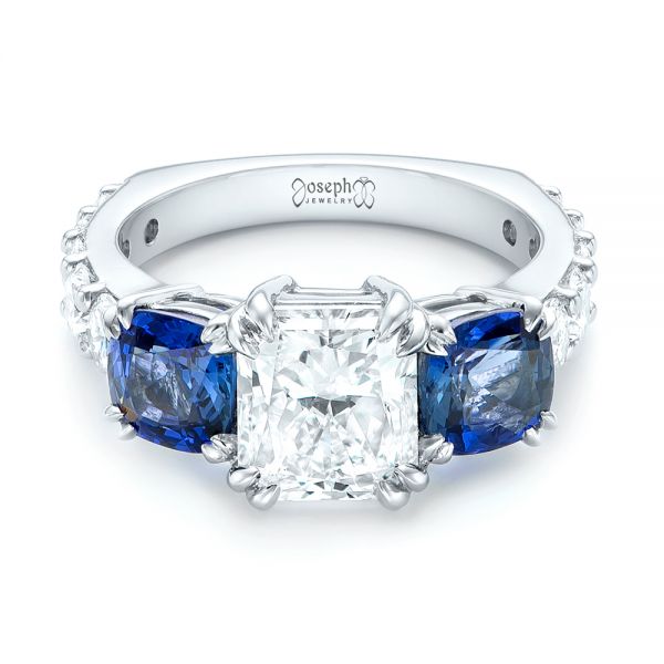 Platinum Custom Three Stone Blue Sapphire And Diamond Engagement Ring - Flat View -  102972
