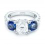  Platinum Custom Three Stone Blue Sapphire And Diamond Engagement Ring - Flat View -  102972 - Thumbnail