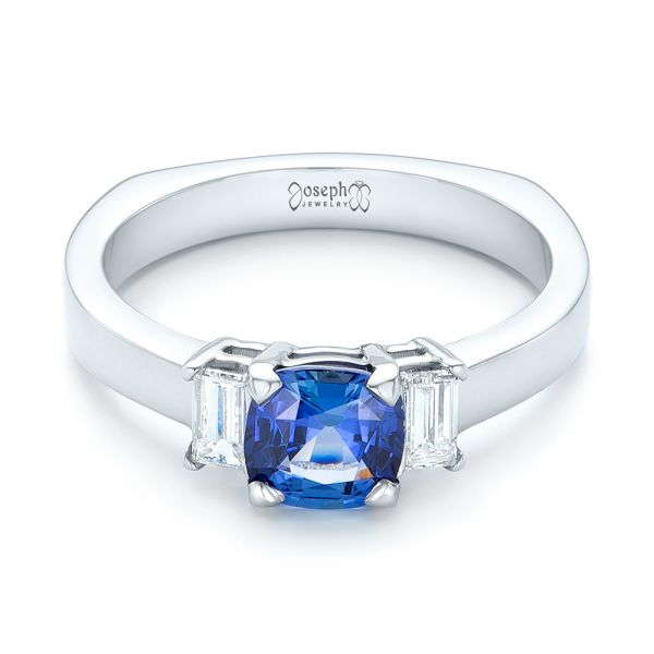  Platinum Platinum Custom Three Stone Blue Sapphire And Diamond Engagement Ring - Flat View -  102985