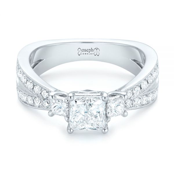 14k White Gold 14k White Gold Custom Three Stone Diamond Engagement Ring With Blue Sapphires - Flat View -  102992