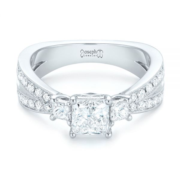 14k White Gold 14k White Gold Custom Three Stone Diamond Engagement Ring With Blue Sapphires - Flat View - 102992