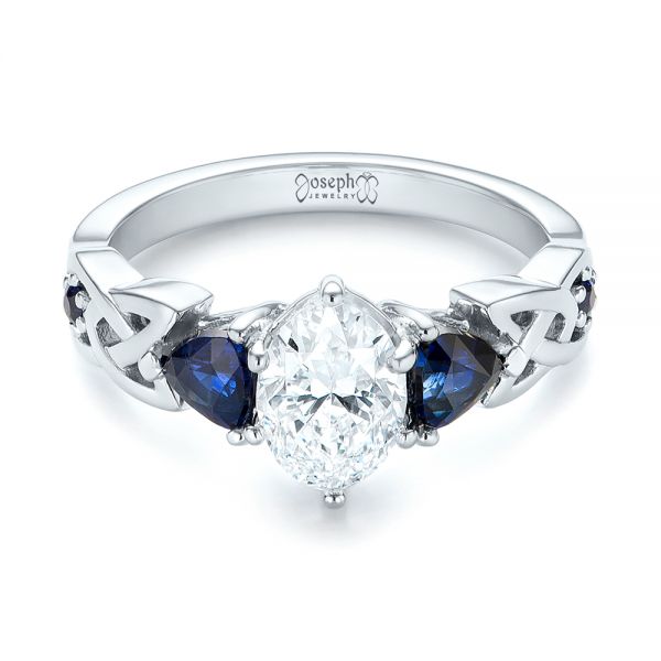 Platinum Custom Three Stone Blue Sapphire And Diamond Engagement Ring - Flat View - 103439