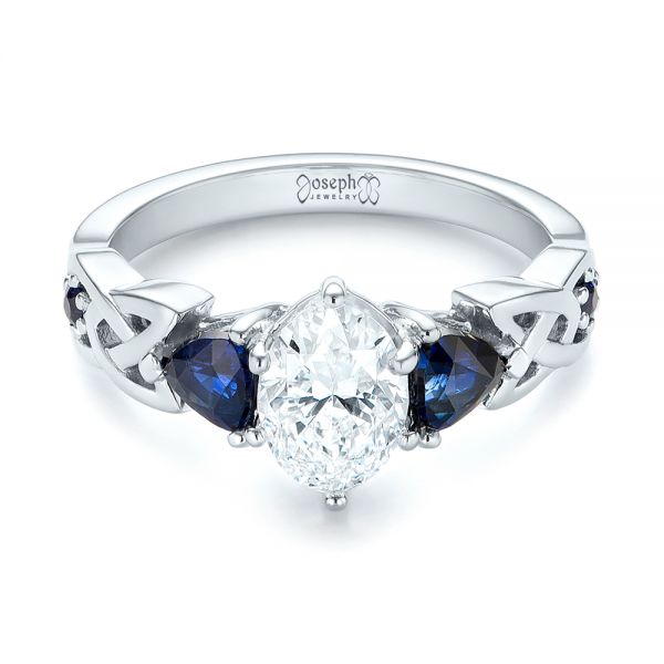 14k White Gold 14k White Gold Custom Three Stone Blue Sapphire And Diamond Engagement Ring - Flat View -  103439