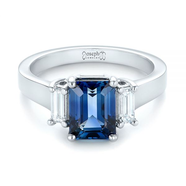 18k White Gold 18k White Gold Custom Three Stone Blue Sapphire And Diamond Engagement Ring - Flat View -  103468