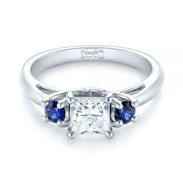 18k White Gold 18k White Gold Custom Three Stone Blue Sapphire And Diamond Engagement Ring - Flat View -  103484