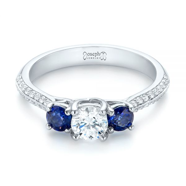 14k White Gold 14k White Gold Custom Three Stone Blue Sapphire And Diamond Engagement Ring - Flat View -  103490