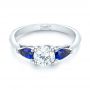 14k White Gold Custom Three Stone Blue Sapphire And Diamond Engagement Ring - Flat View -  103507 - Thumbnail